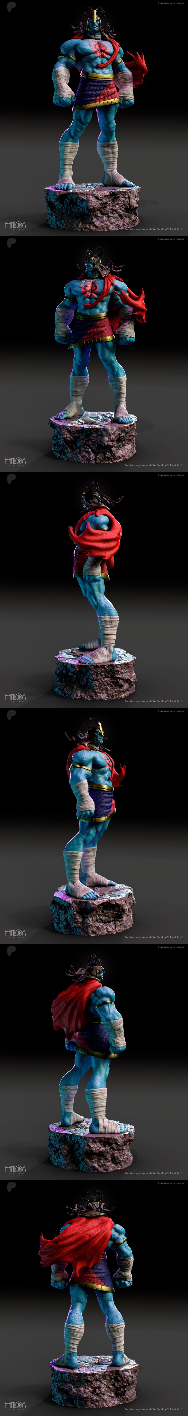 Fandom Collectibles Mumm-Ra 3D model figure, blue-skinned muscular character with red cape, golden armor, and bandage...