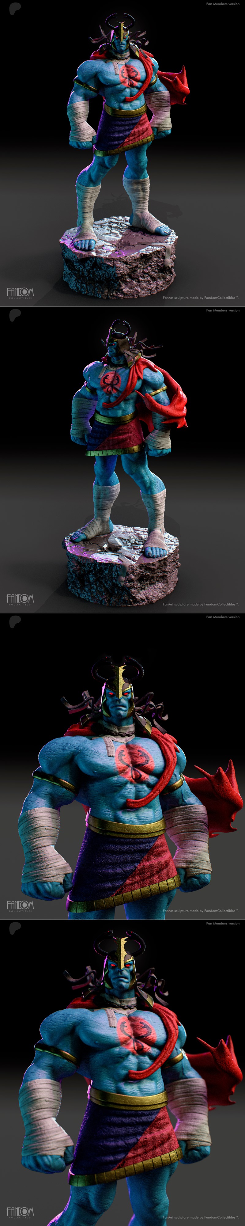 Fandom Collectibles Mumm-Ra 3D model figure, blue-skinned muscular character with red cape, golden armor, and bandage...