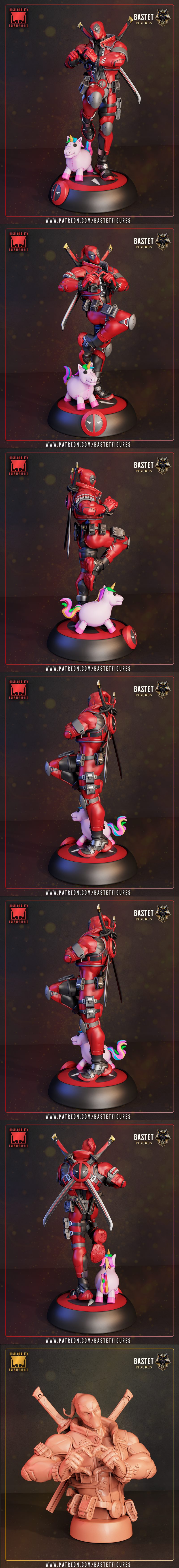 Deadpool figure in red and black suit, forming a heart with hands, swords on back, surrounded by hearts. Comic book s...