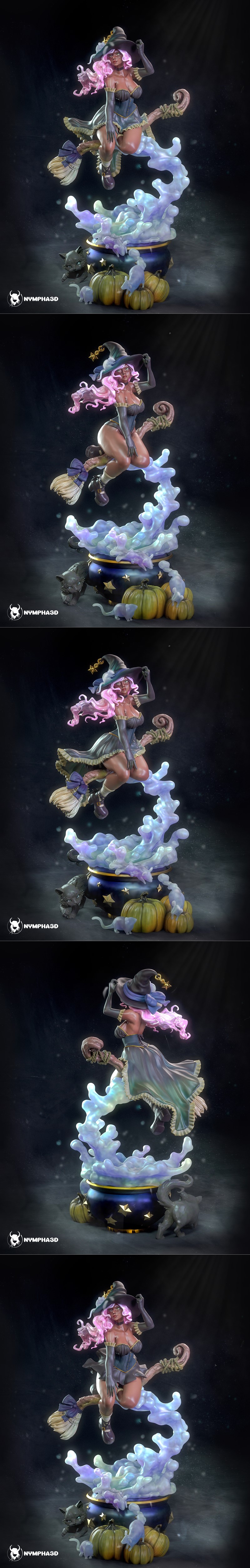 Heroic witch bust with a hat and broom, holding a pumpkin and surrounded by a cat and pumpkins.
