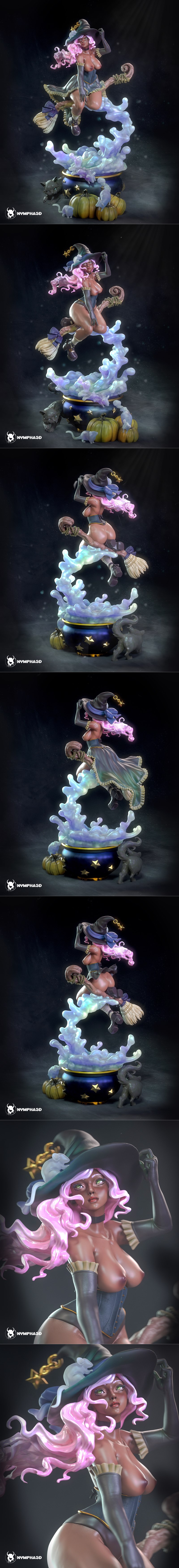 Heroic witch bust with a hat and broom, holding a pumpkin and surrounded by a cat and pumpkins.