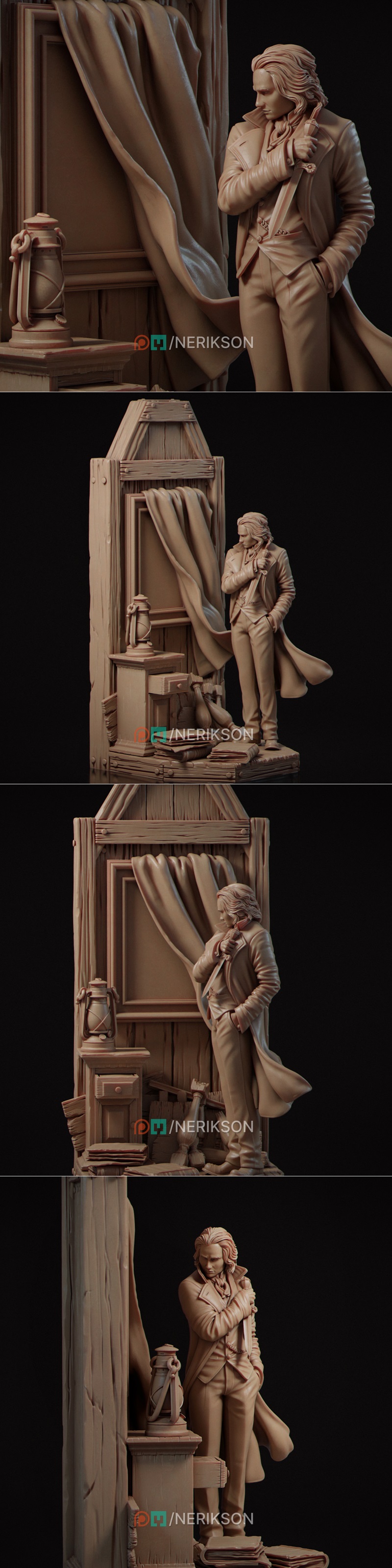 3D model of Dorian Gray in Victorian attire, holding an object to his face, with a lantern, draped curtain, and books...