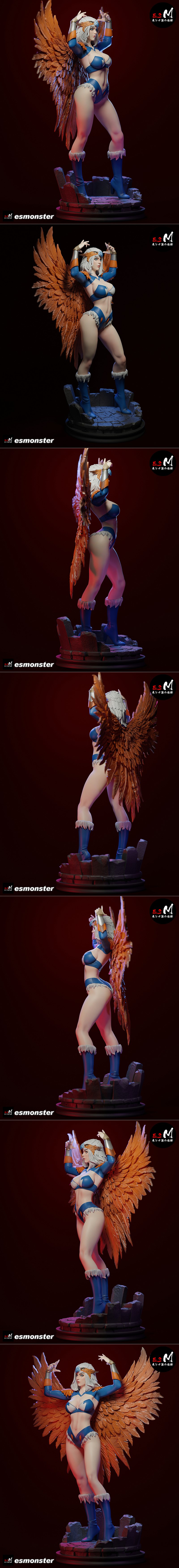 Sorceress of Castle Grayskull figure by E.S Monster, wearing blue and white avian-themed outfit with large orange fea...