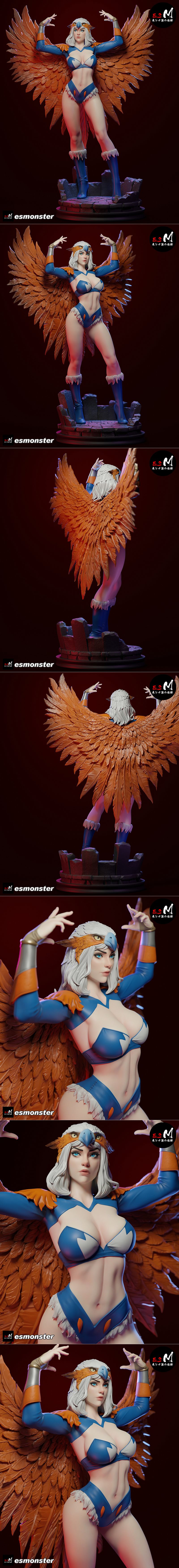 Sorceress of Castle Grayskull figure by E.S Monster, wearing blue and white avian-themed outfit with large orange fea...