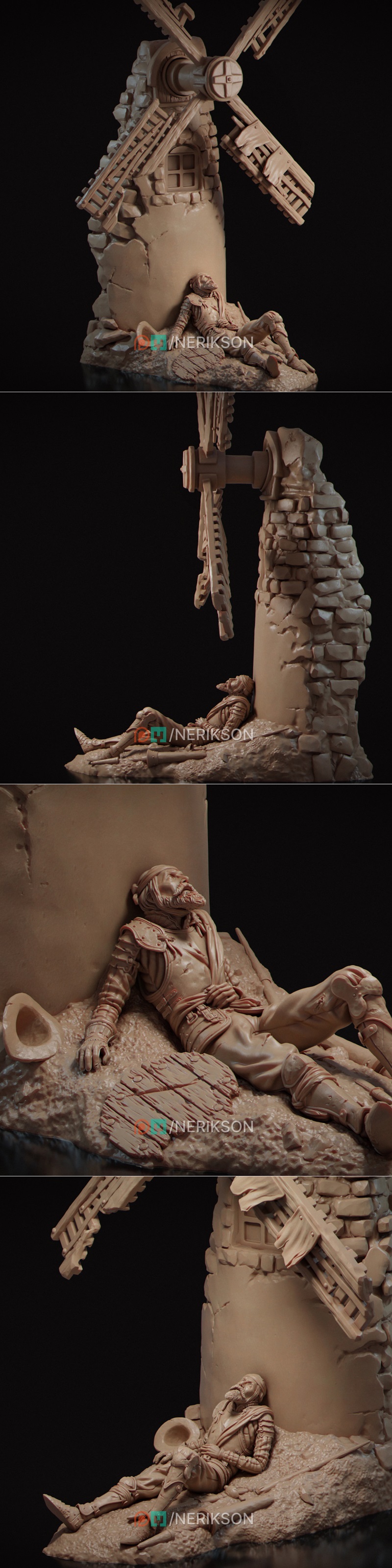 3D model figure of Don Quixote resting against a stone windmill, wearing armor, with a broken lance nearby.