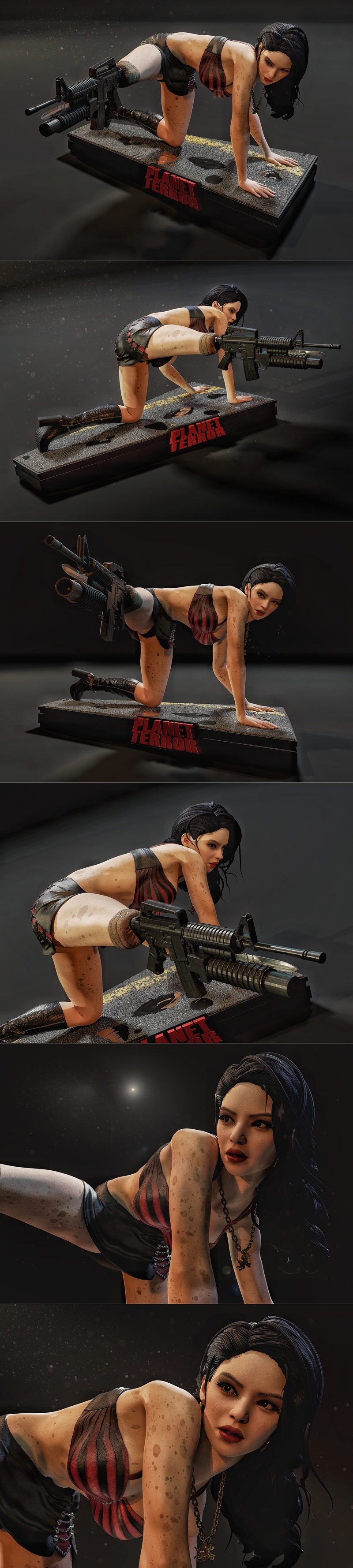 3D model figure of Cherry from Planet Terror in a low crouch, holding an assault rifle with grenade launcher, wearing...
