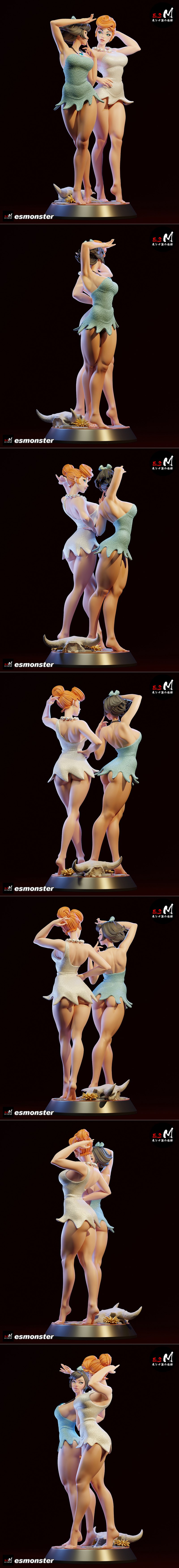 Betty Rubble & Wilma P2 in revealing costumes, posing playfully in a 3D print model.