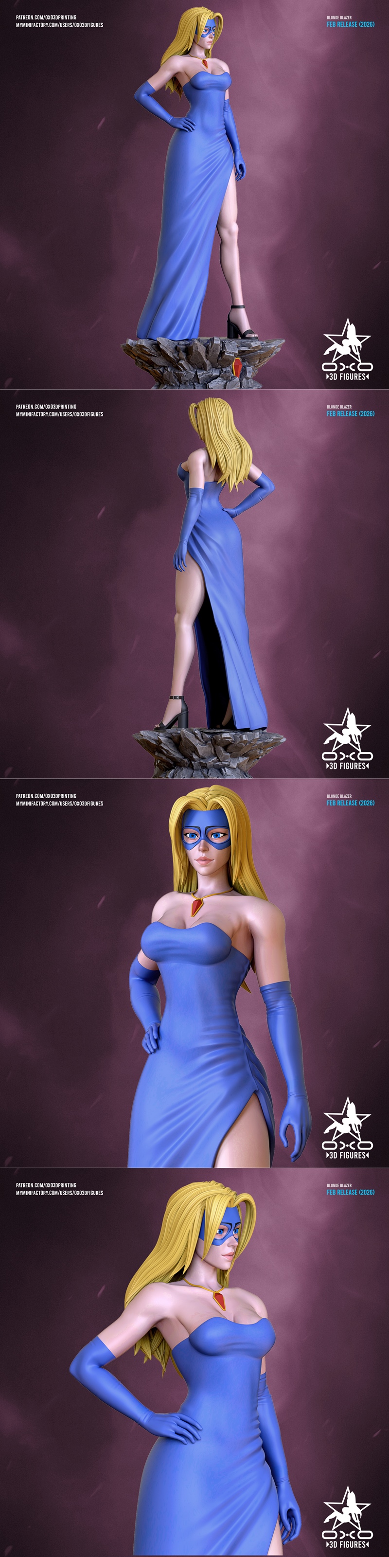 3D model of Blonde Blazer character by OXO3D Figures, wearing a blue strapless gown with high slit, blue gloves, and...