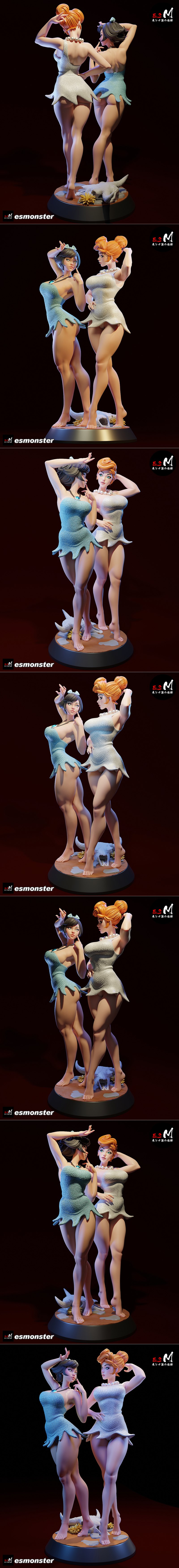 Betty Rubble & Wilma P2 in revealing costumes, posing playfully in a 3D print model.