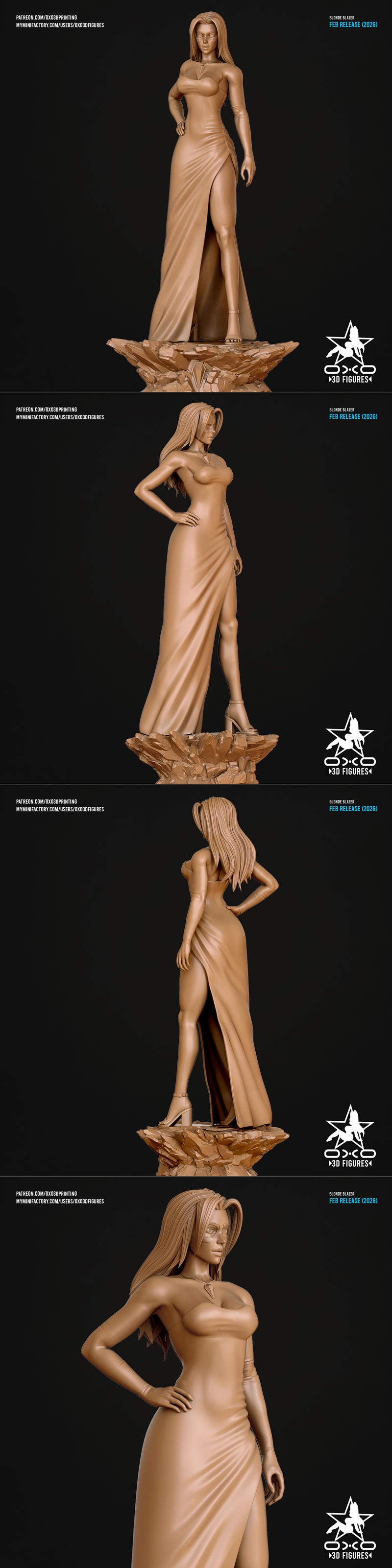 3D model of Blonde Blazer character by OXO3D Figures, wearing a blue strapless gown with high slit, blue gloves, and...