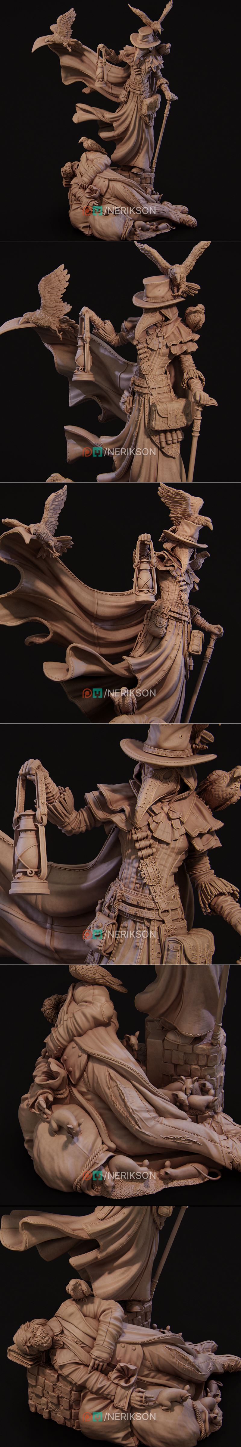 Nerikson Plague Doctor 3D model figure with glowing green mask and lantern, wearing a wide-brimmed hat and flowing cl...