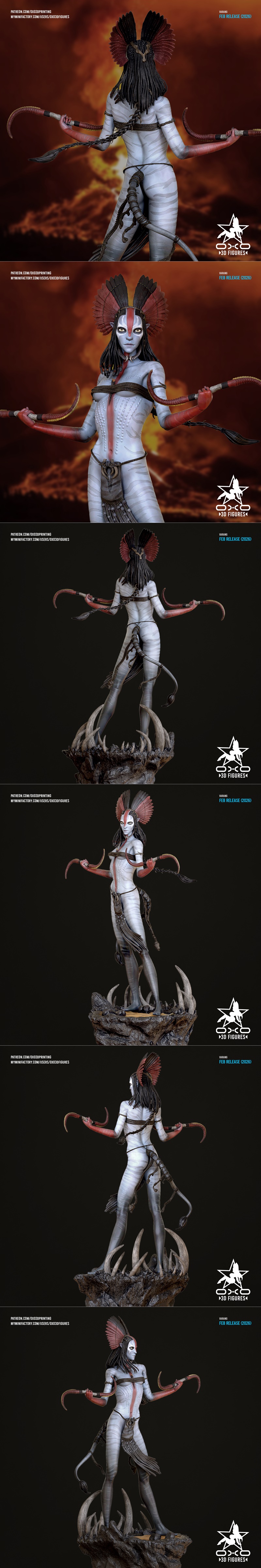 Varang 3D model figure from Avatar, standing on a rocky base, with blue and white striped skin, red tribal markings,...