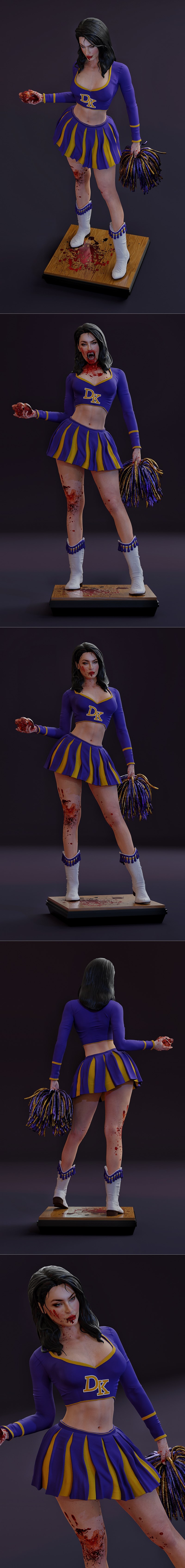 3D model of a bloody cheerleader named Jennifer, holding a heart and pom-pom, wearing a purple and yellow uniform.