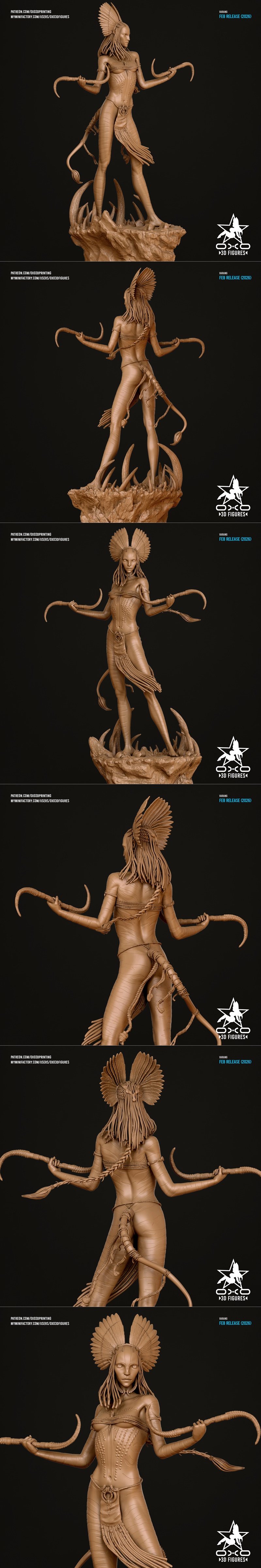 Varang 3D model figure from Avatar, standing on a rocky base, with blue and white striped skin, red tribal markings,...