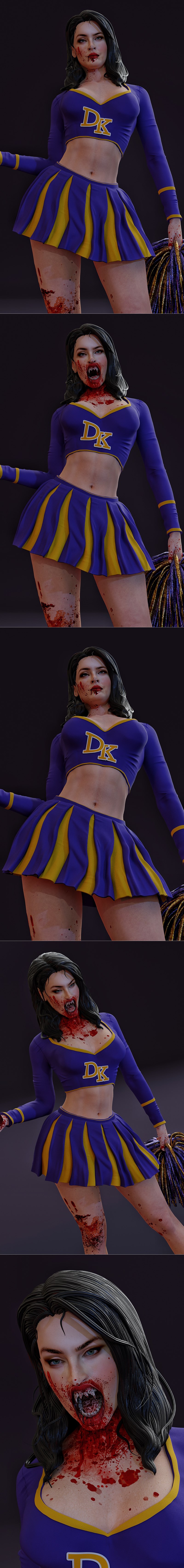 3D model of a bloody cheerleader named Jennifer, holding a heart and pom-pom, wearing a purple and yellow uniform.