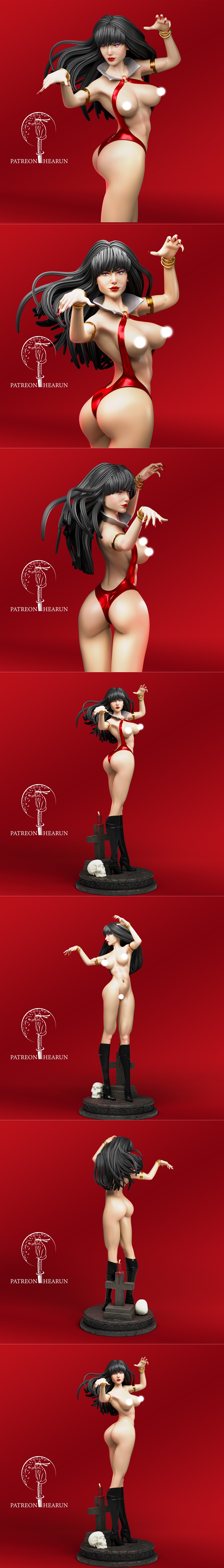 Hearun 3D model of Vampirella in a revealing red costume, long black hair, gold armbands, and bracelets, posed dynami...