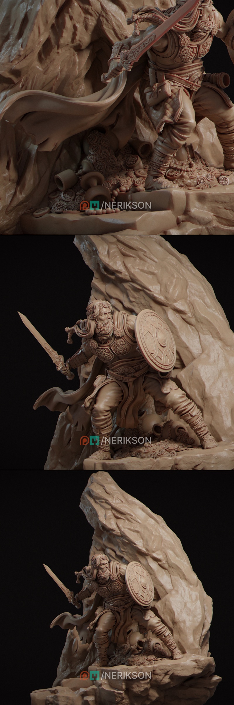 Beowulf warrior figure in dynamic pose, holding sword and shield, wearing ornate armor and helmet, detailed beard and...