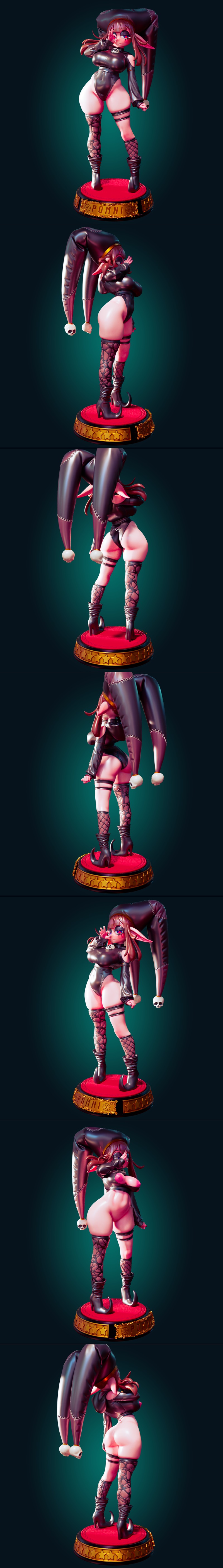 Goth-styled Pomni figure in a black bodysuit and fishnet stockings, striking a pose with one hand near her eye. She w...