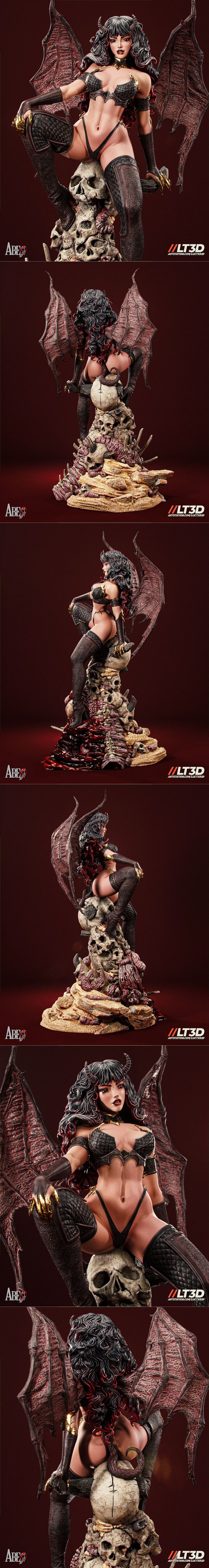 Abe3D Xyrath Succubus 3D model figure, a winged succubus in a black bikini sits on a pile of skulls and gore, with la...