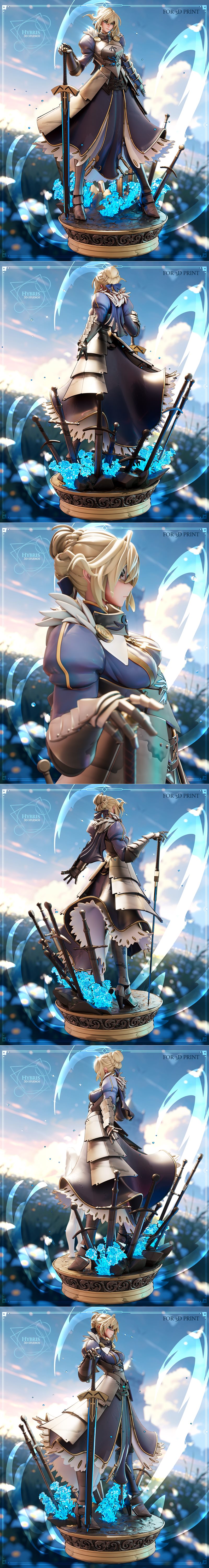 Saber from Fate franchise figure, holding a sword, wearing blue and gold armor, standing on a base with swords and bl...