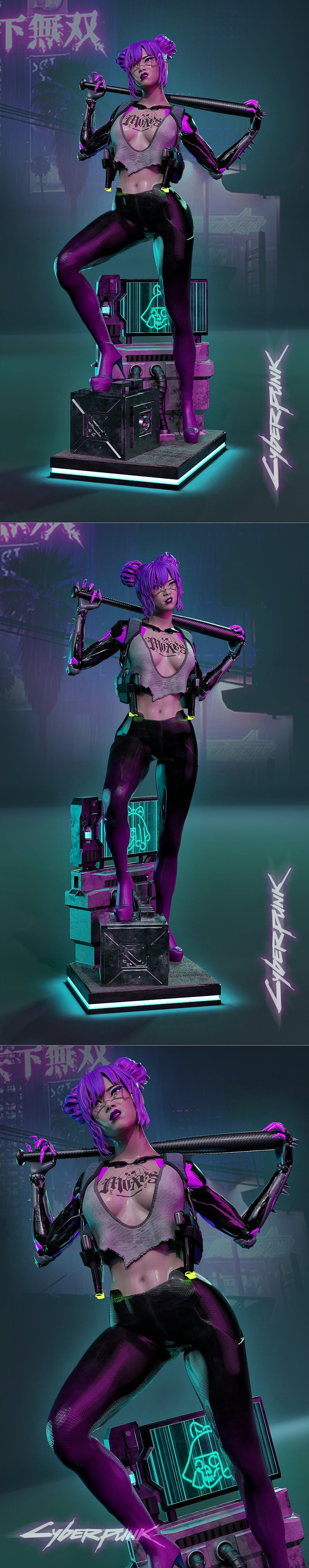 3D model of Rita Wheeler from Cyberpunk, holding a baseball bat, with purple hair, cybernetic arm, and revealing outfit.