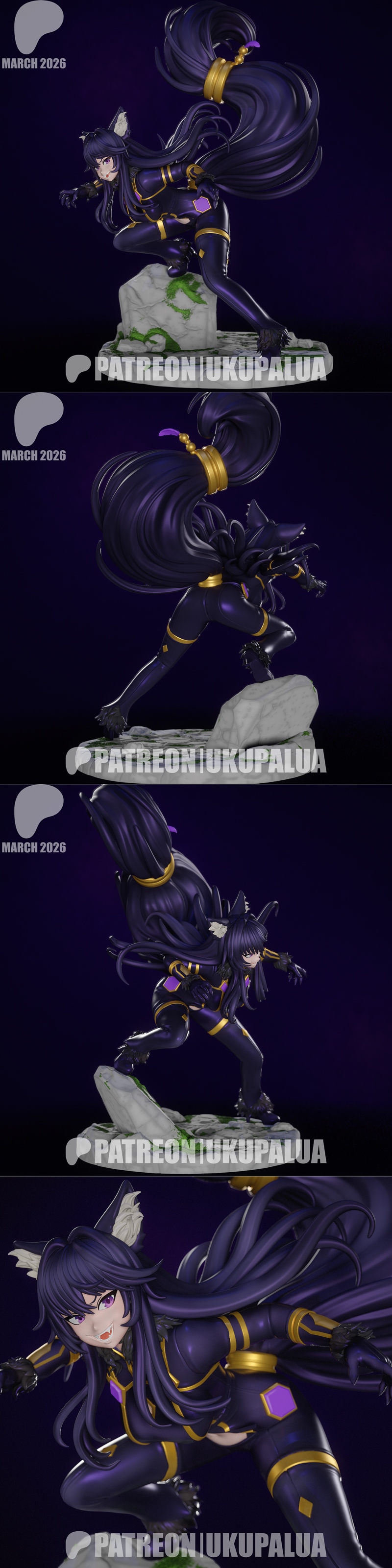 Heroic Delta from 'The Eminence in Shadow' in purple armor, ready for battle.