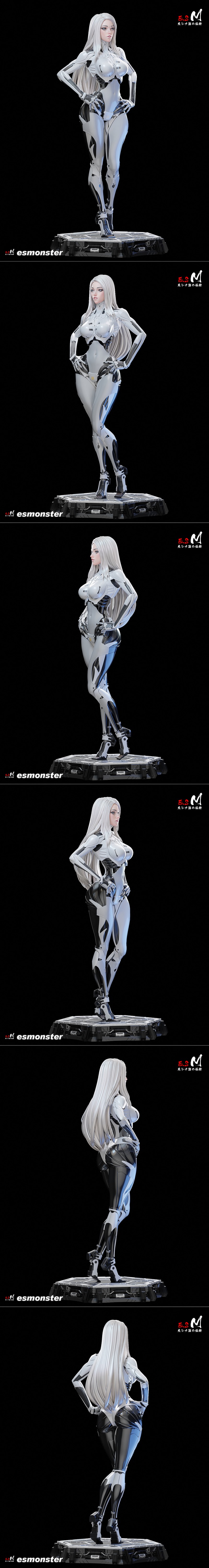 Enya, a female cyborg figure with long white hair, wearing a white and grey mechanical suit, stands with hands on hip...