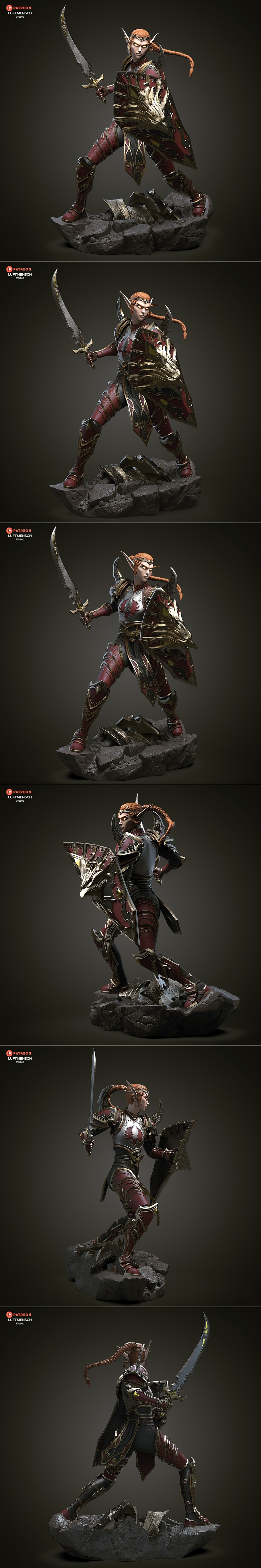 Luftmensch Studio 3D model of Lady Liadrin, an elf in red and gold armor, holding a sword and shield, standing on a r...