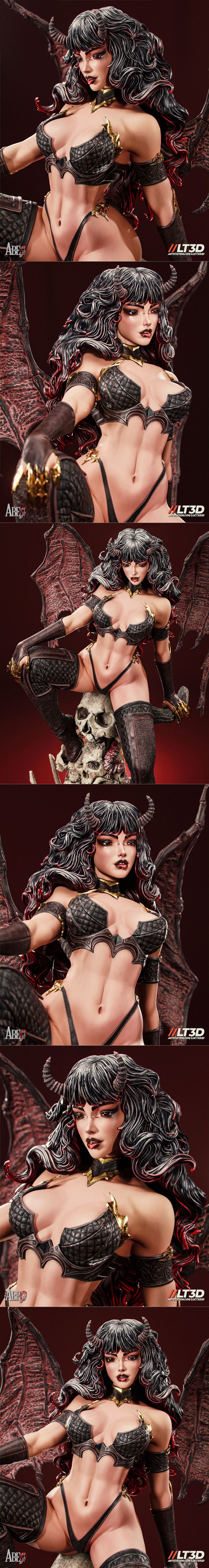Abe3D Xyrath Succubus 3D model figure, a winged succubus in a black bikini sits on a pile of skulls and gore, with la...