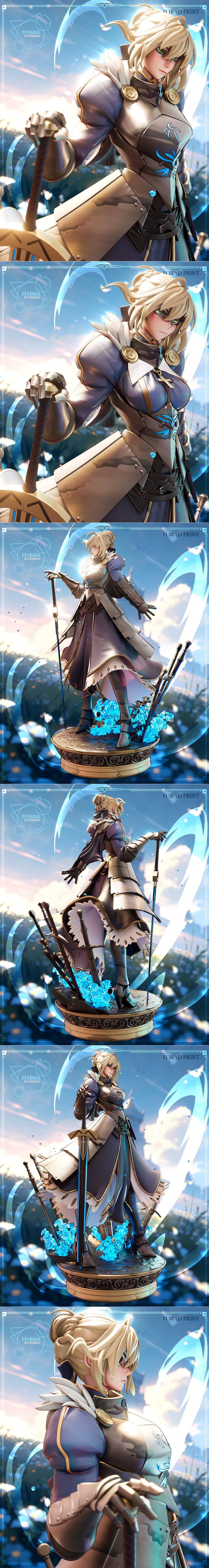 Saber from Fate franchise figure, holding a sword, wearing blue and gold armor, standing on a base with swords and bl...