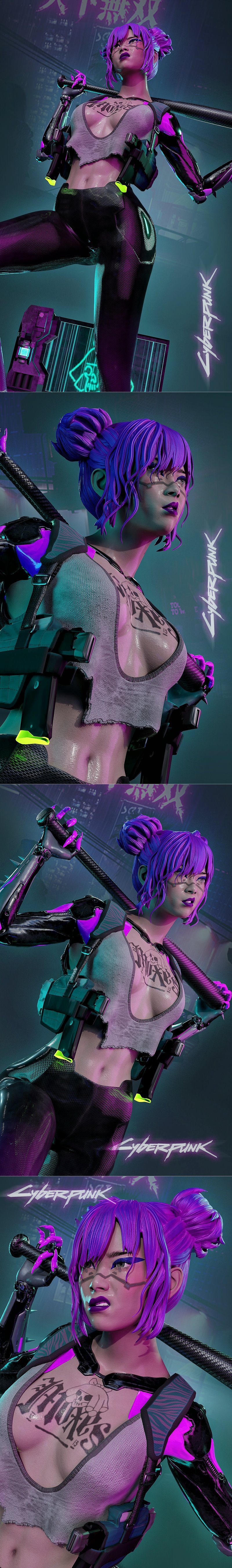 3D model of Rita Wheeler from Cyberpunk, holding a baseball bat, with purple hair, cybernetic arm, and revealing outfit.