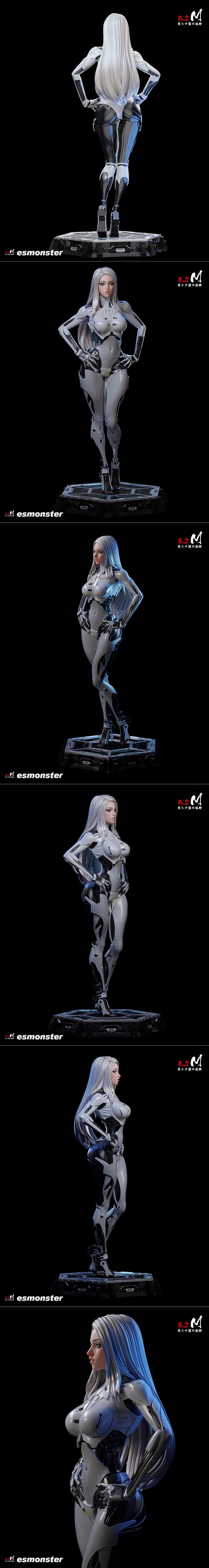 Enya, a female cyborg figure with long white hair, wearing a white and grey mechanical suit, stands with hands on hip...