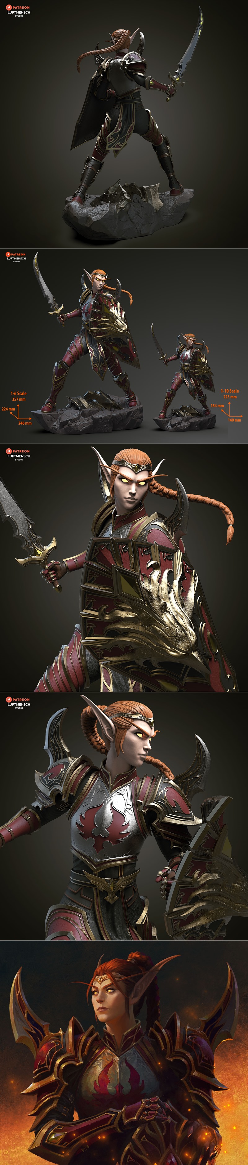 Luftmensch Studio 3D model of Lady Liadrin, an elf in red and gold armor, holding a sword and shield, standing on a r...