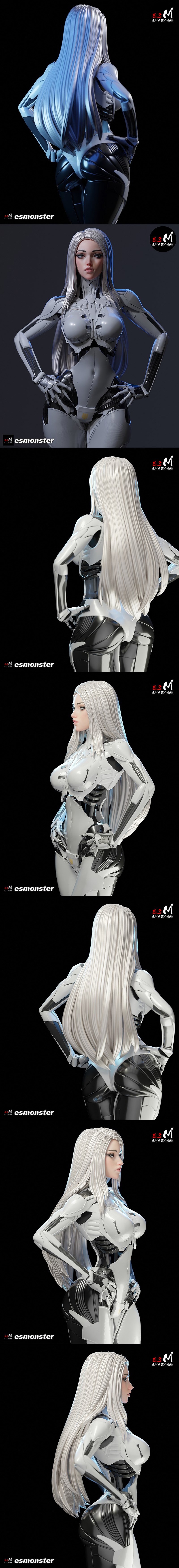 Enya, a female cyborg figure with long white hair, wearing a white and grey mechanical suit, stands with hands on hip...