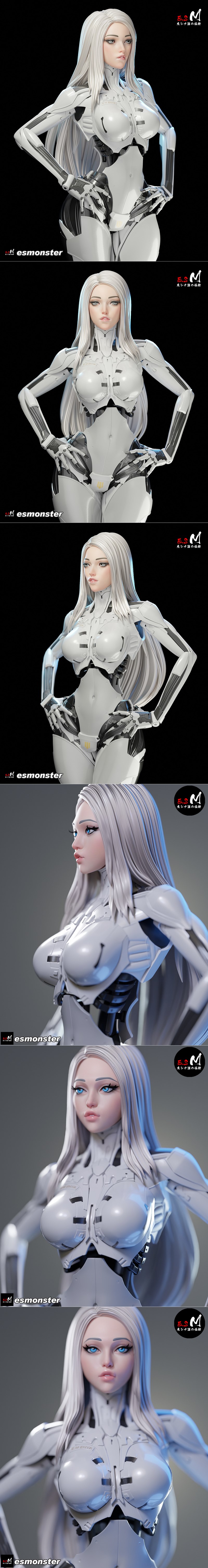 Enya, a female cyborg figure with long white hair, wearing a white and grey mechanical suit, stands with hands on hip...
