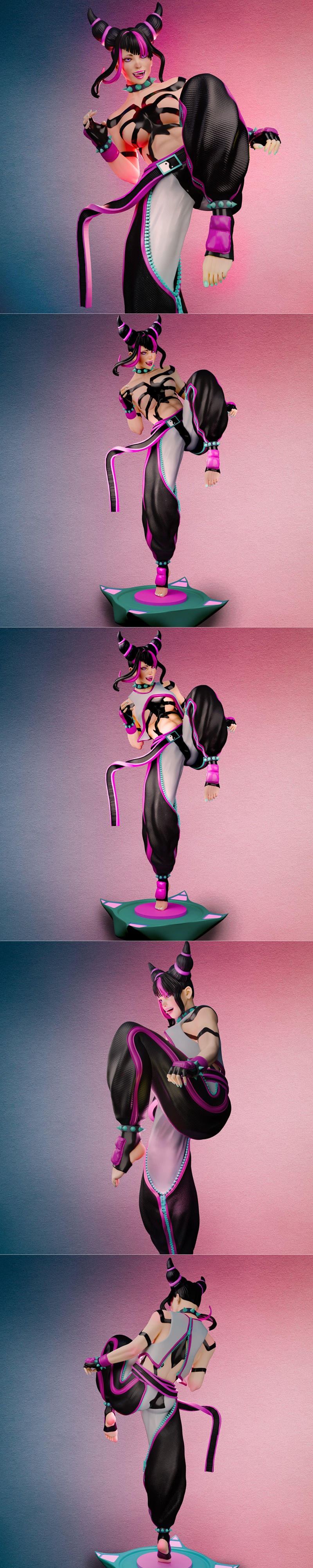 Juri Han from Street Fighter in a dynamic combat pose, wearing a revealing outfit with black and pink accents, spiked...