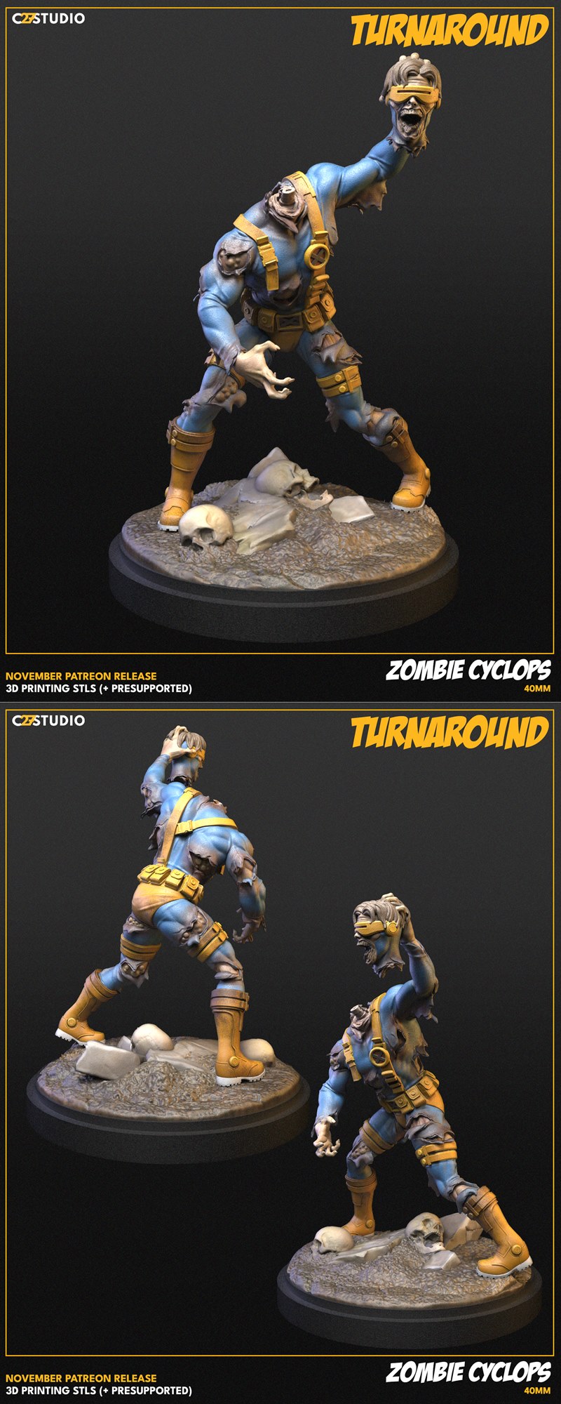 Zombie Cyclops 3D print model by C27 Minis, holding its severed head, wearing tattered blue and yellow costume, stand...