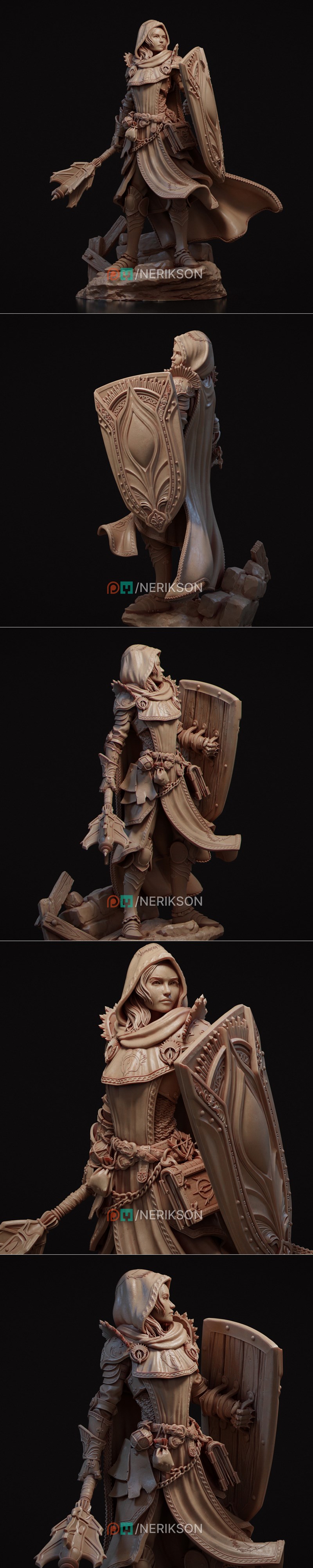 3D model of Madeleine, a female cleric in ornate armor, holding a shield and mace. She wears a hooded cloak and chain...