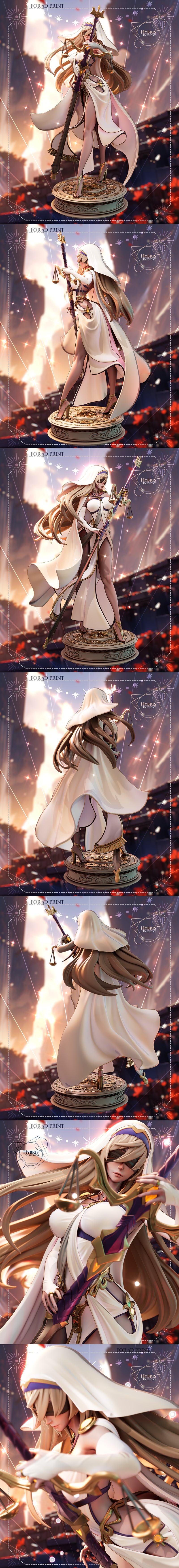 Hybris Studio 3D model of Sword Maiden from Goblin Slayer, wearing a white hooded robe and holding a staff with scale...