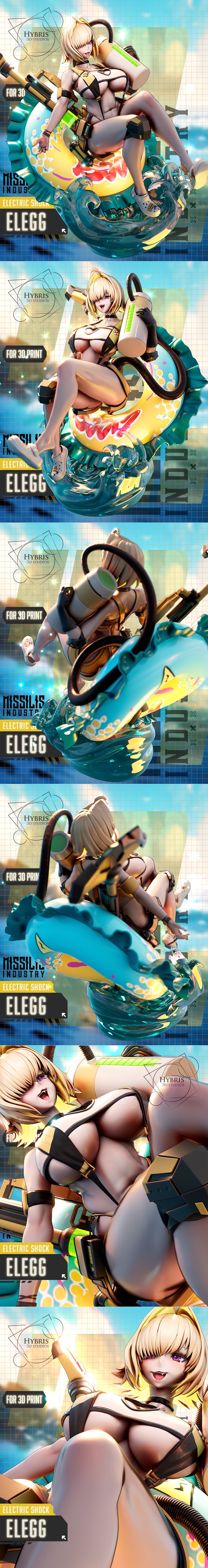 Elegg from Nikke Goddess of Victory by Hybris Studio, sitting in a revealing swimsuit with a large weapon, on a water...