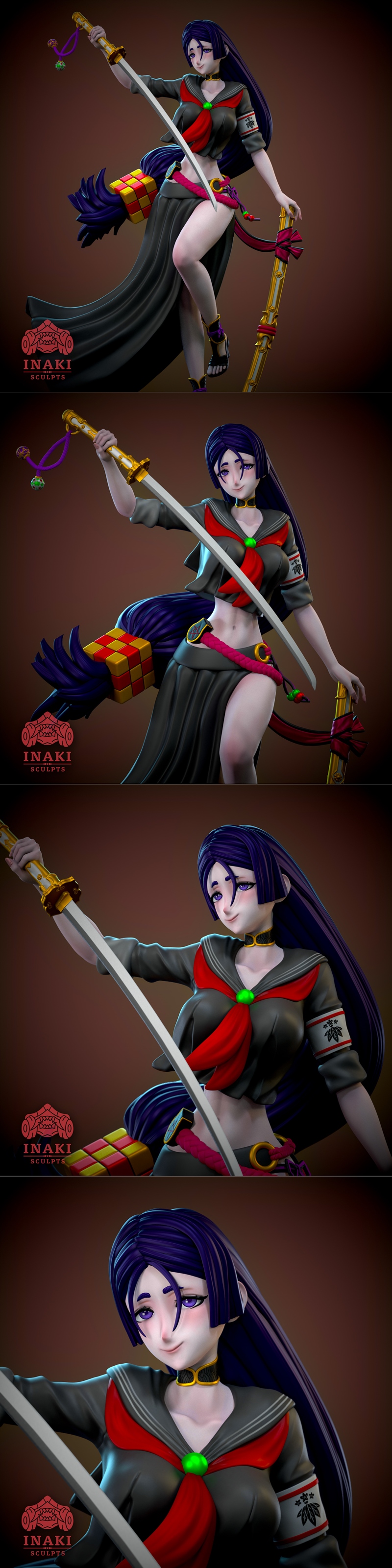 Minomoto No Raikou in combat stance, wielding a sword and wearing armor with tattoos.