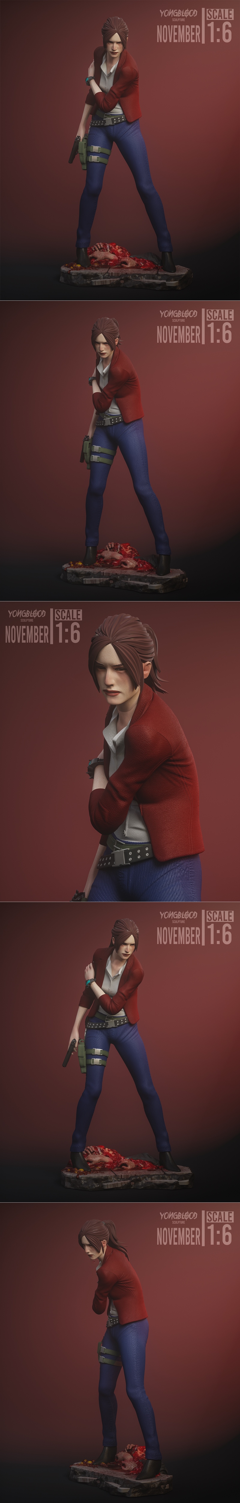 Claire Redfield figure in a red jacket and blue pants, holding a pistol, 1:6 scale, by Yongblood Sculpture.