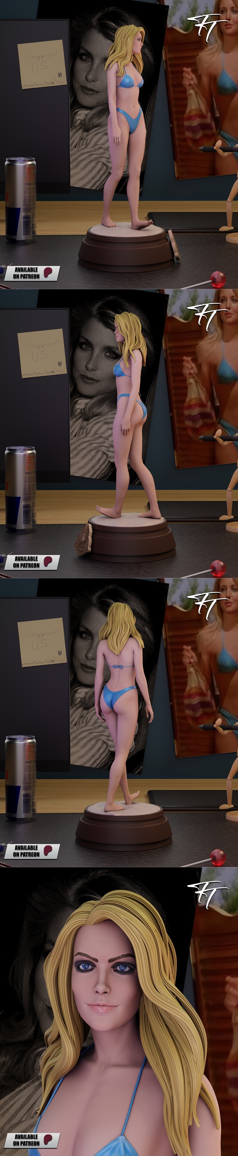 3D model figure of Heather Thomas from The Fall Guy, wearing a blue bikini and standing on a base with the show's emb...
