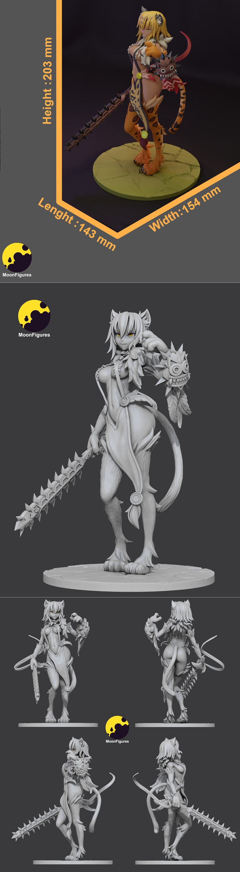MoonFigures Ocelomeh 3D model: anime-style female cheetah-person with tribal outfit, holding a spiky weapon and a mask.