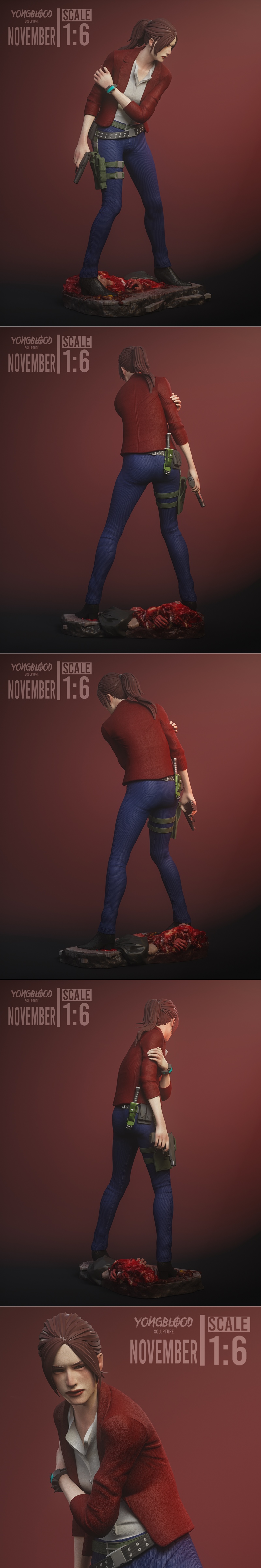 Claire Redfield figure in a red jacket and blue pants, holding a pistol, 1:6 scale, by Yongblood Sculpture.
