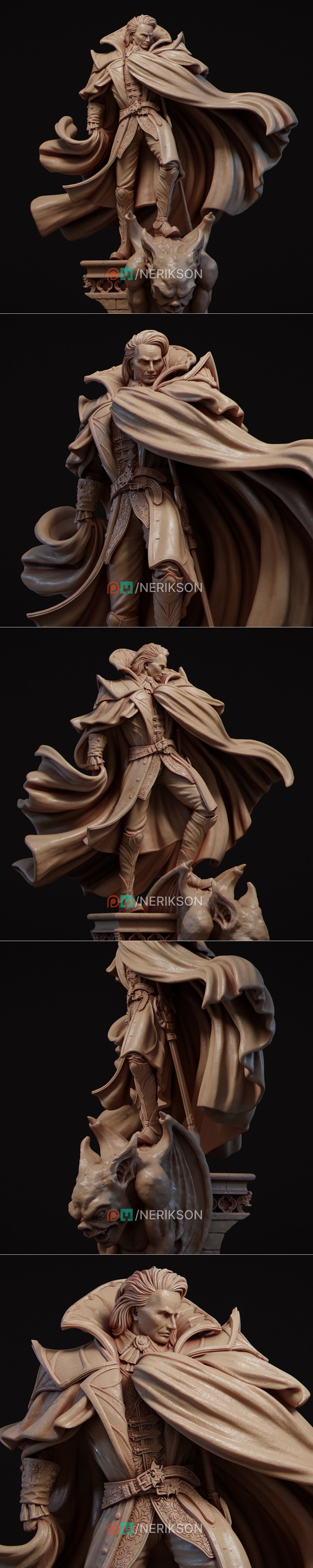 Morvain the Vampire Lord figure with flowing cape and ornate armor, standing against a red moon backdrop. Studio Neri...