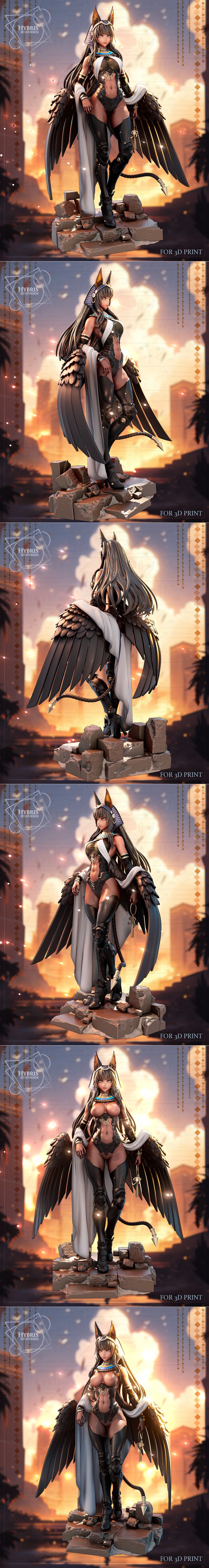 Female figure with jackal ears and large black wings, wearing futuristic armor and a white cape. Standing on a stone...