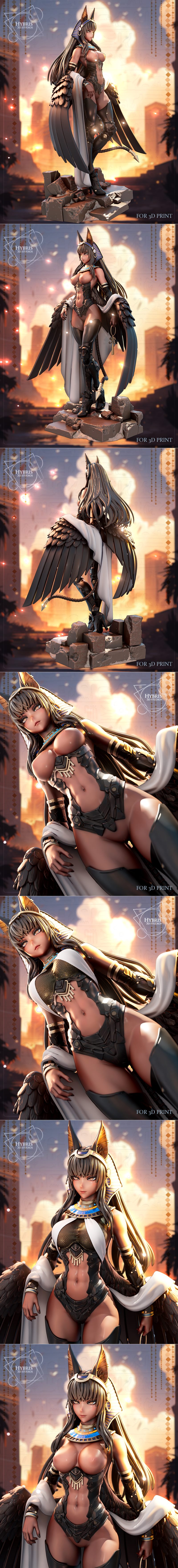 Female figure with jackal ears and large black wings, wearing futuristic armor and a white cape. Standing on a stone...