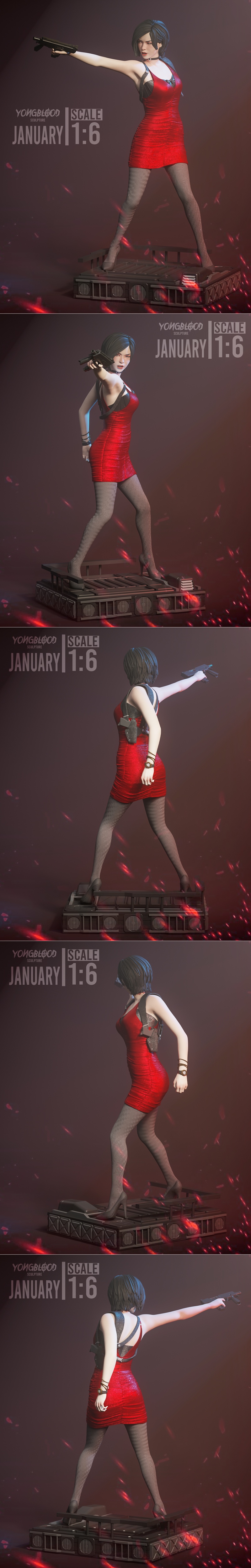 Ada Wong from Resident Evil in a red dress and stockings, holding a pistol in an action pose on a detailed base. 1:6...