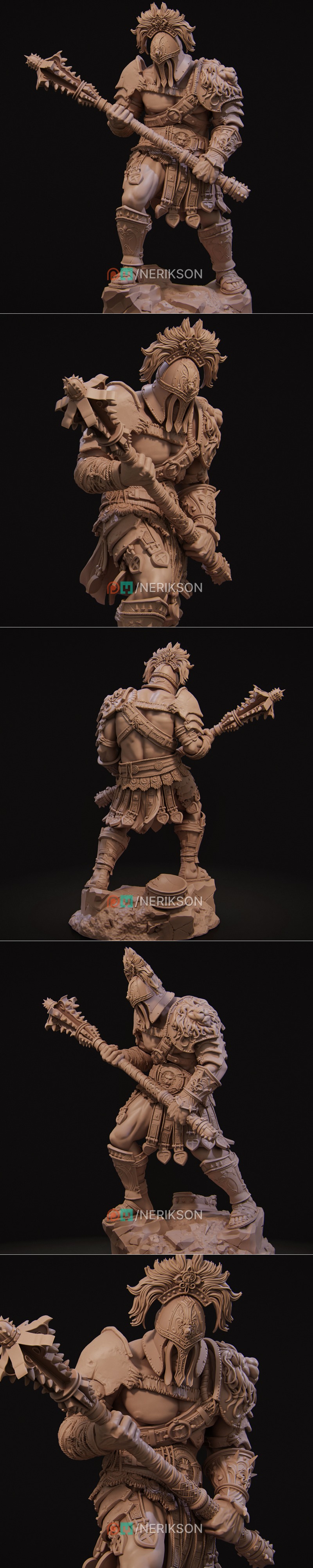Nerikson's Gladiator SkullCrusher 3D model: heavily armored warrior with Roman-style helmet, lion pauldrons, and spik...